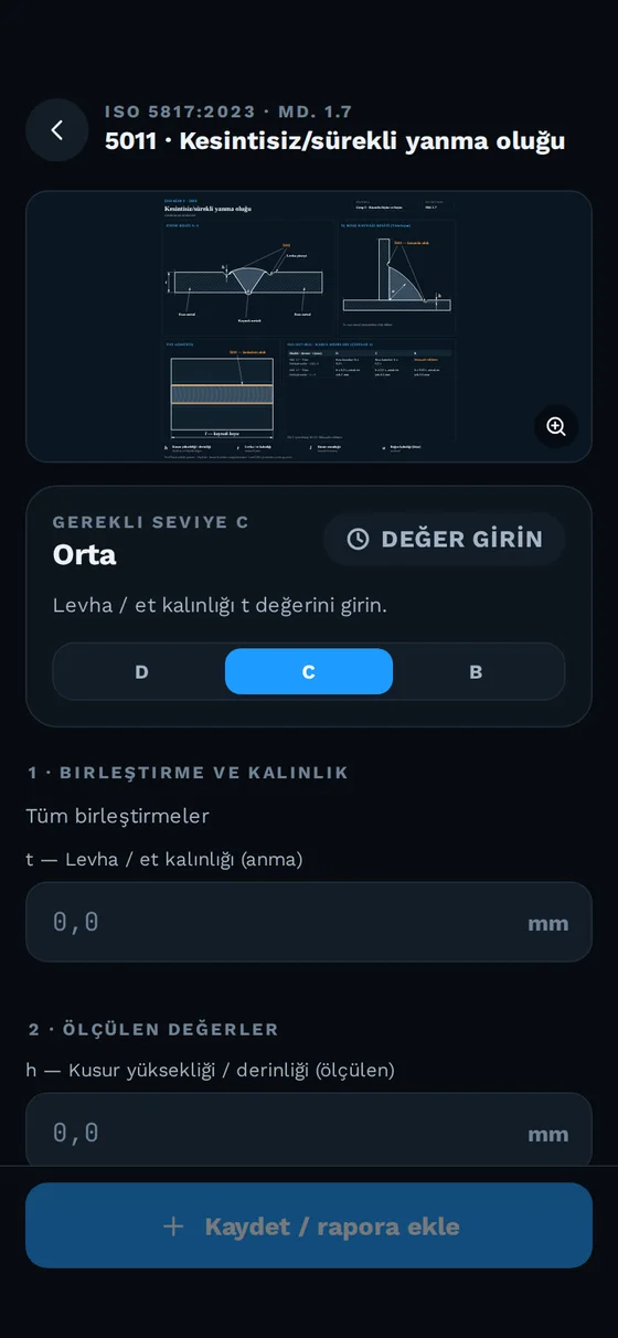 ProdTrack Standards mobile — ISO 5817 değerlendirme