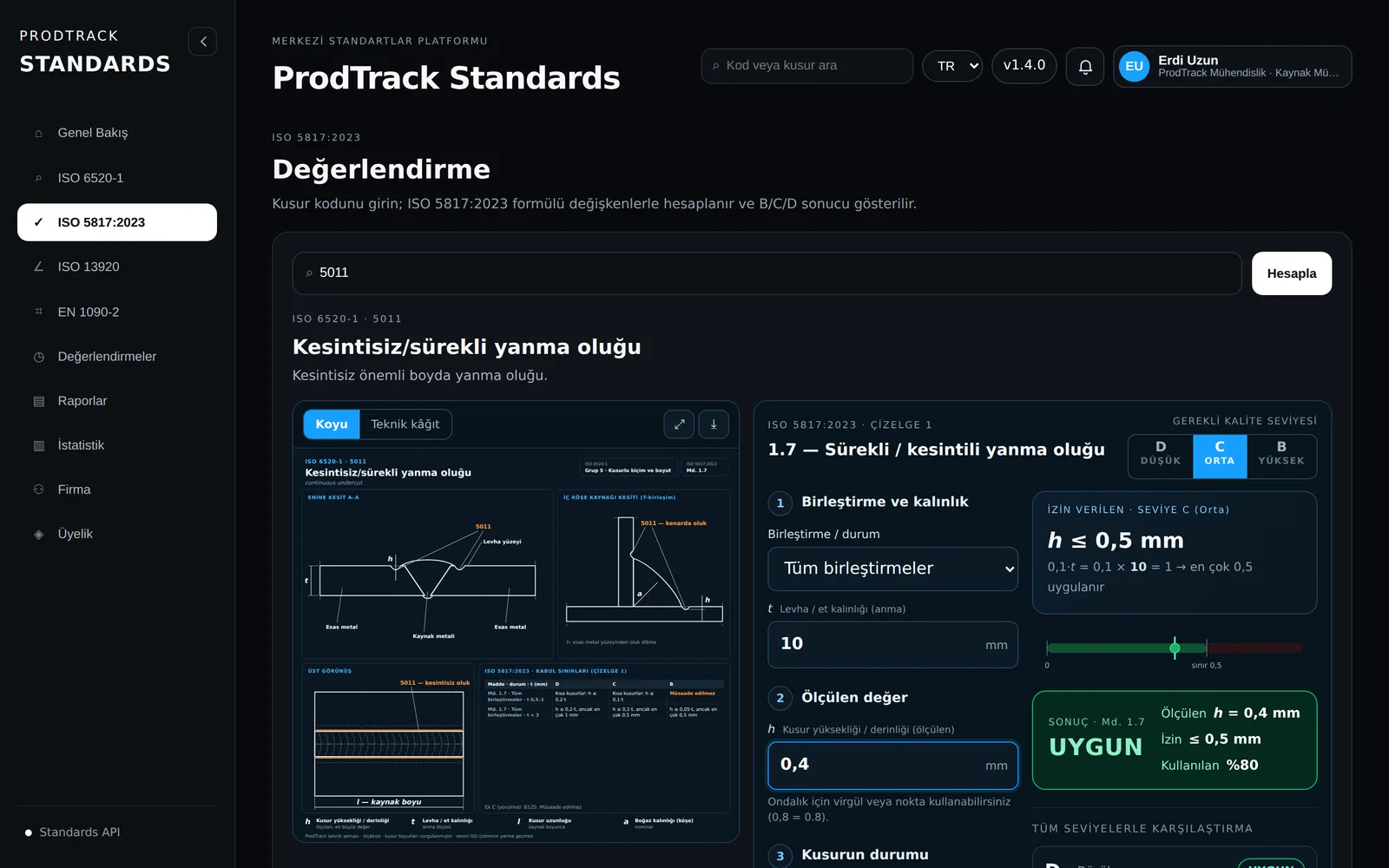 ProdTrack Standards — ISO 5817 değerlendirme